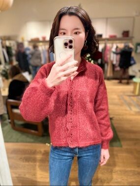 Sezane Red Lace-Detail Knit Cardigan